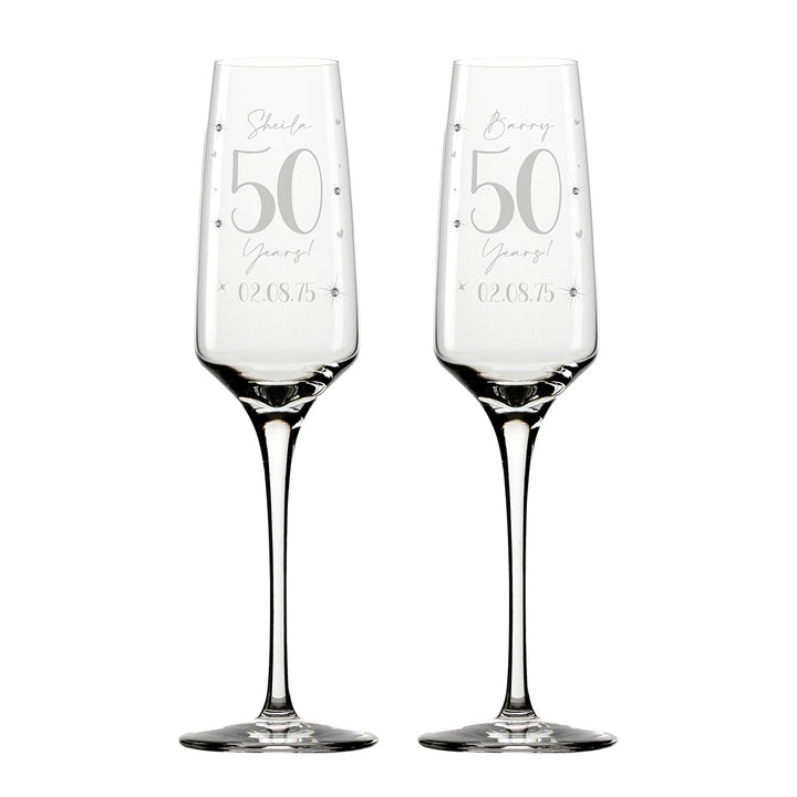 Pair of Golden 50 Year Wedding Anniversary Diamante Embellished Glass Flutes