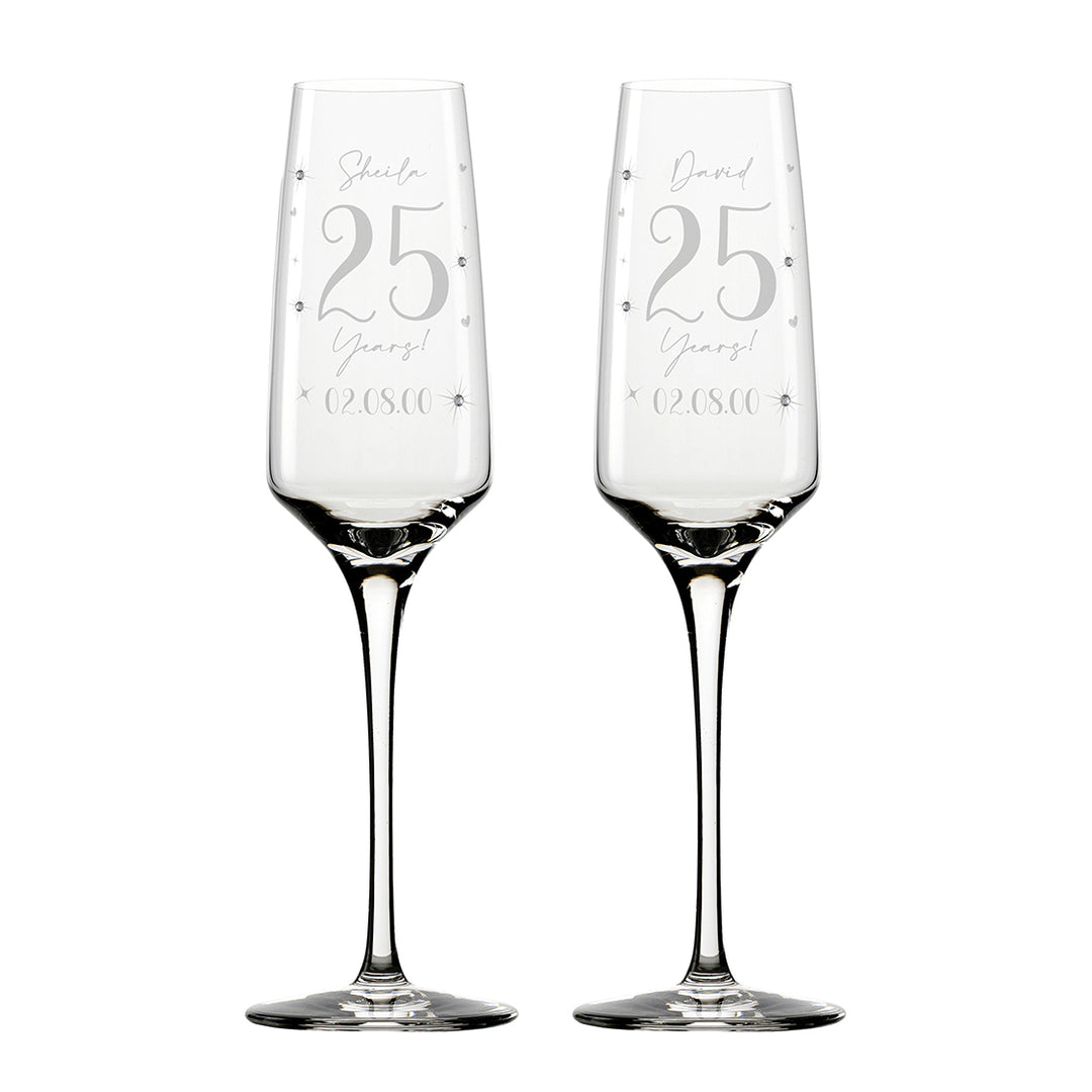 Pair of Silver 25 Year Wedding Anniversary Diamante Embellished Glass Flutes