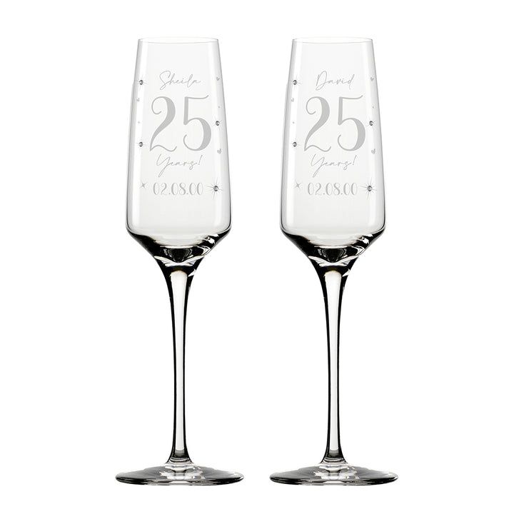 Pair of Silver 25 Year Wedding Anniversary Diamante Embellished Glass Flutes