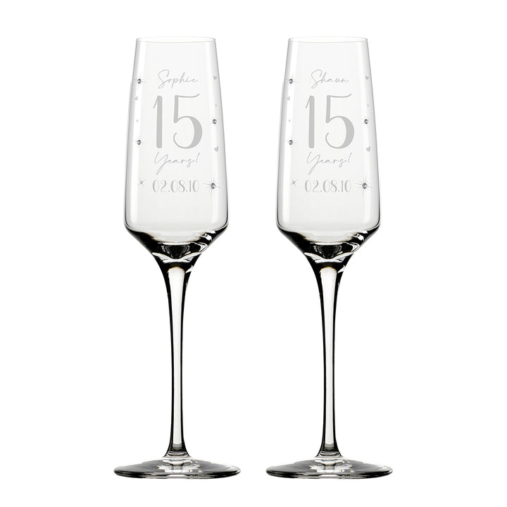 Pair of Crystal 15 Year Wedding Anniversary Diamante Embellished Glass Flutes