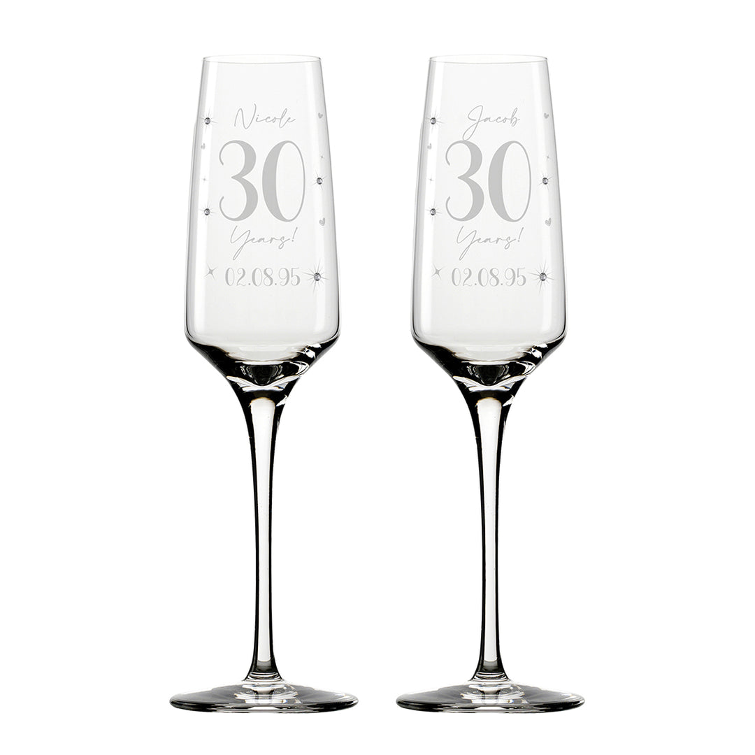 Pair of Pearl 30 Year Wedding Anniversary Diamante Embellished Glass Flutes