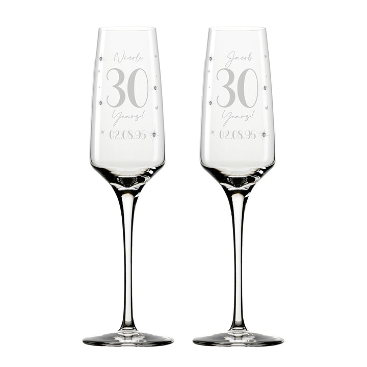 Pair of Pearl 30 Year Wedding Anniversary Diamante Embellished Glass Flutes