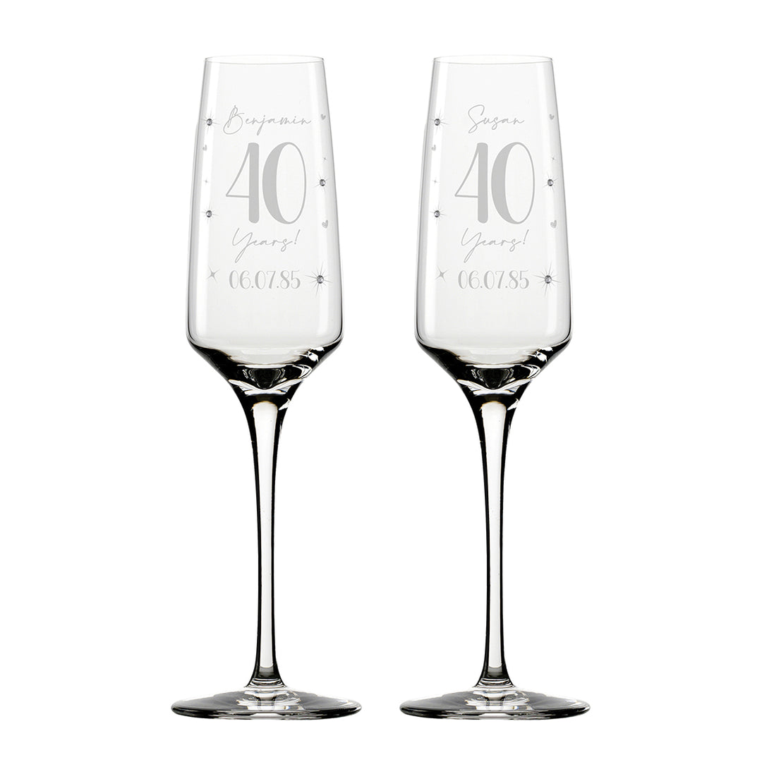 Pair of Ruby 40 Year Wedding Anniversary Diamante Embellished Glass Flutes