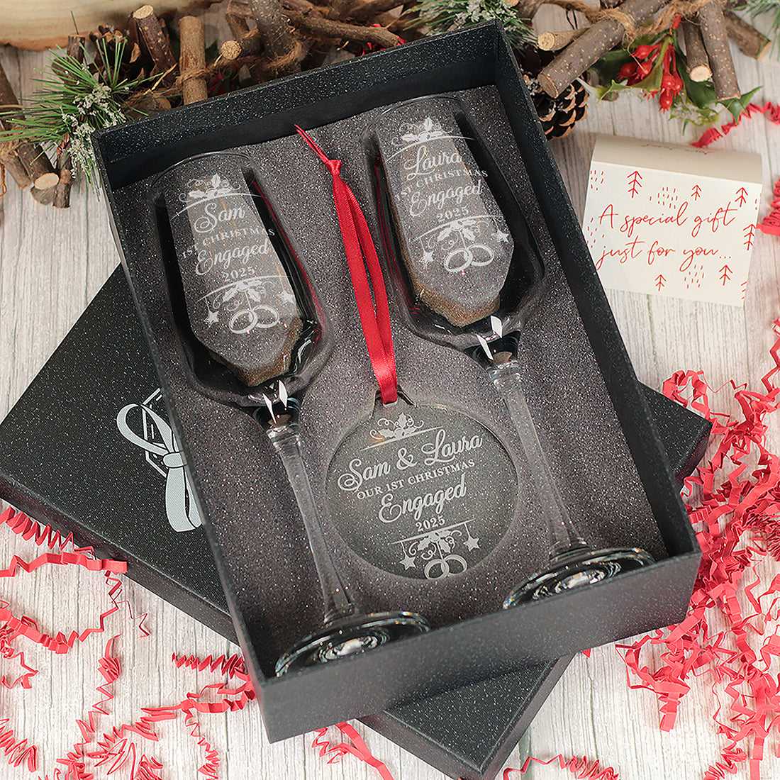 1st Christmas Engaged Pair of Champagne Flutes and Keepsake Bauble