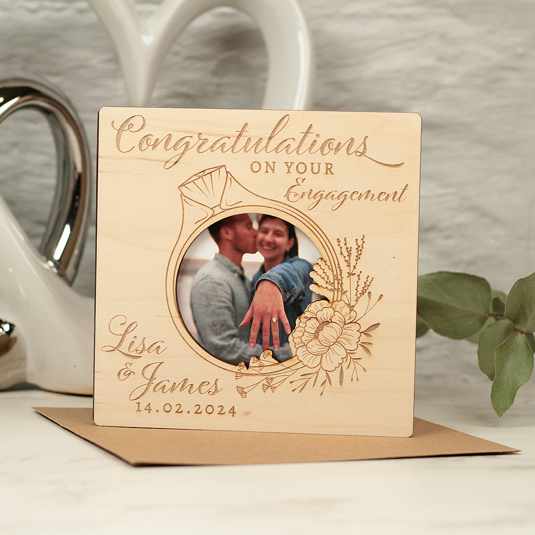Engagement Wooden Engraved Photo Greetings Card-Love Lumi Ltd