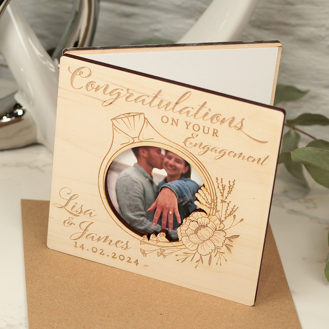 Engagement Wooden Engraved Photo Greetings Card-Love Lumi Ltd