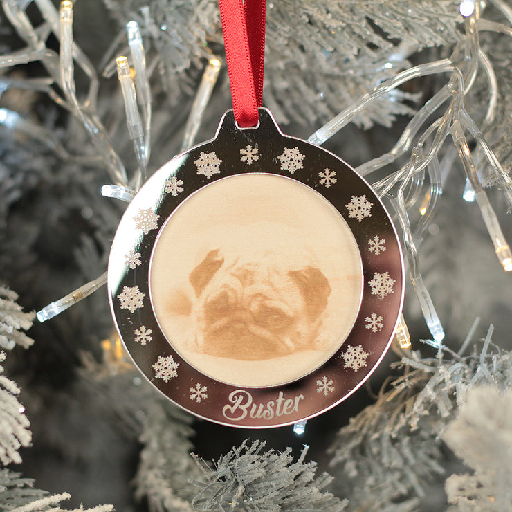 Pet Engraved Photo 3D Wood and Mirror Christmas Tree Decoration Bauble
