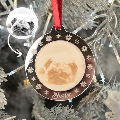 Pet Engraved Photo 3D Wood and Mirror Christmas Tree Decoration Bauble