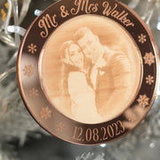 1st Christmas Married Engraved Photo 3D Wood and Mirror Tree Decoration Bauble
