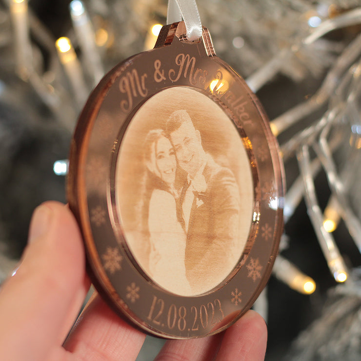 1st Christmas Married Engraved Photo 3D Wood and Mirror Tree Decoration Bauble