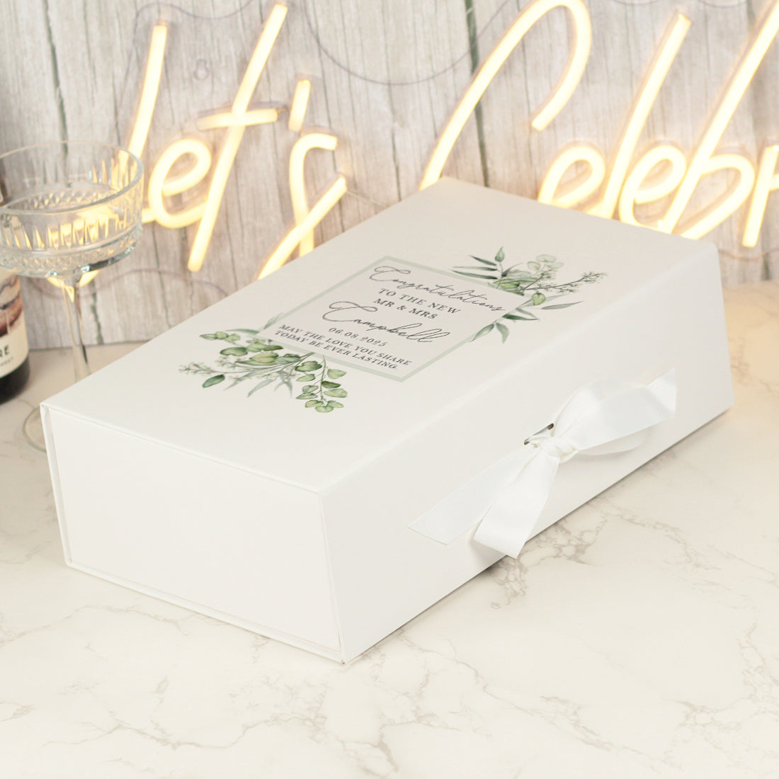 Eucalyptus Wedding White Recycled Bottle Box and Matching Glasses Gift Set-Love Lumi Ltd