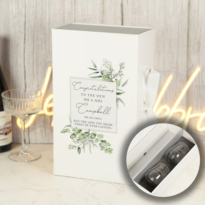 Eucalyptus Wedding White Recycled Bottle Box and Matching Glasses Gift Set-Love Lumi Ltd