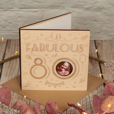 Fabulous at.... Birthday Milestone Wooden Engraved Photo Greetings Card
