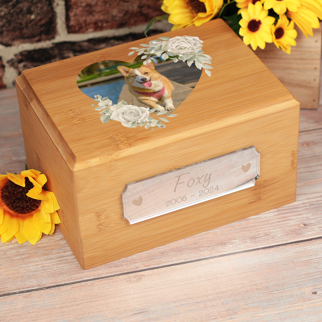 White Rose Floral Photo Wreath and Mirror Plaque Wooden Bamboo Pet Ashes Casket-Love Lumi Ltd