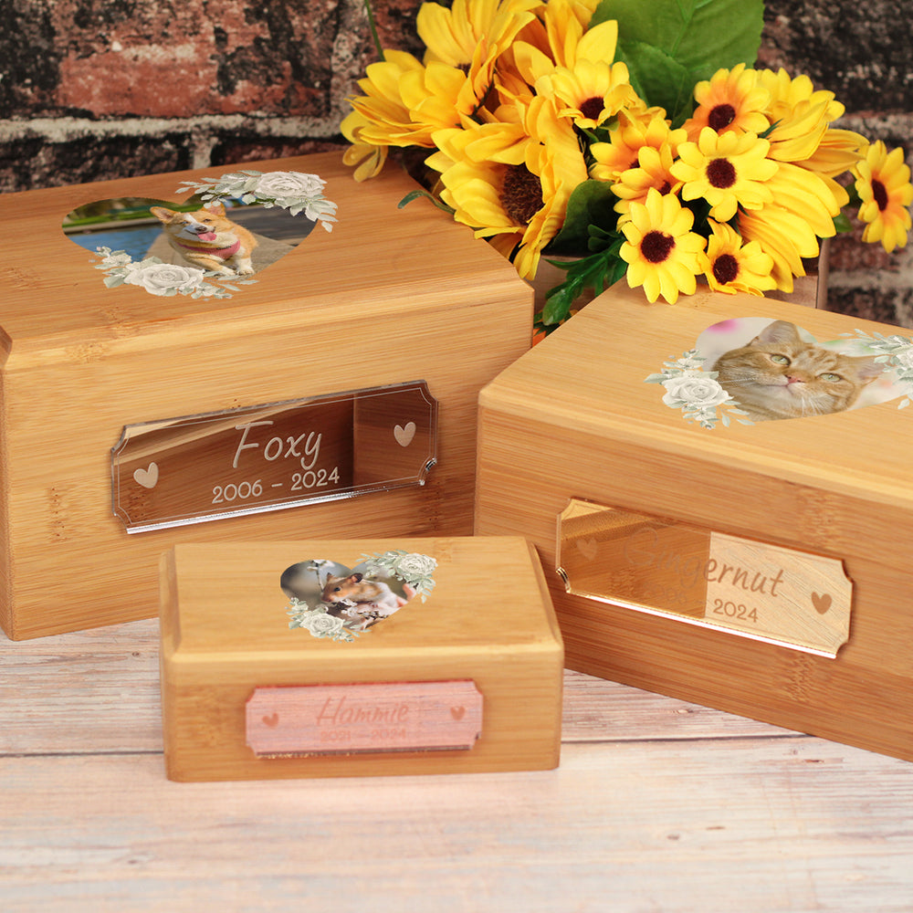 White Rose Floral Photo Wreath and Mirror Plaque Wooden Bamboo Pet Ashes Casket-Love Lumi Ltd