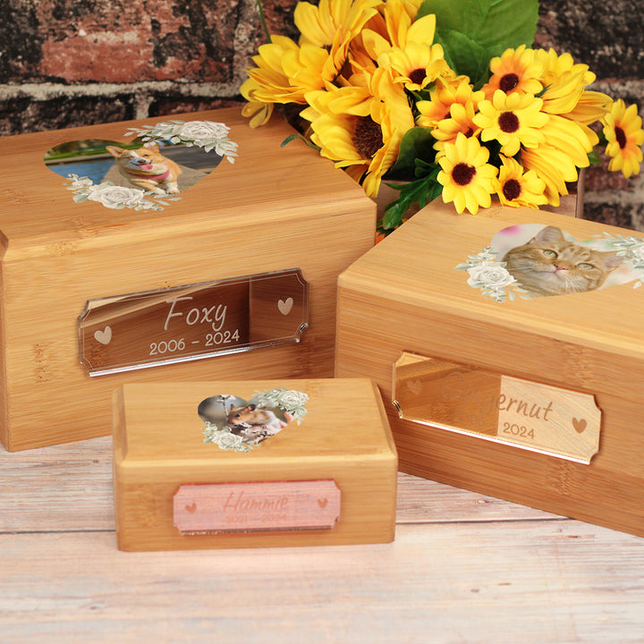White Rose Floral Photo Wreath and Mirror Plaque Wooden Bamboo Pet Ashes Casket-Love Lumi Ltd