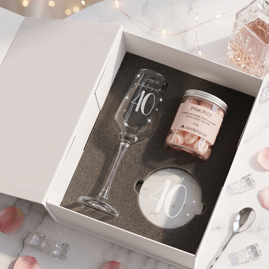 40th Birthday Pink Fizz Diamante Embellished Champage flute Gift Boxed Set