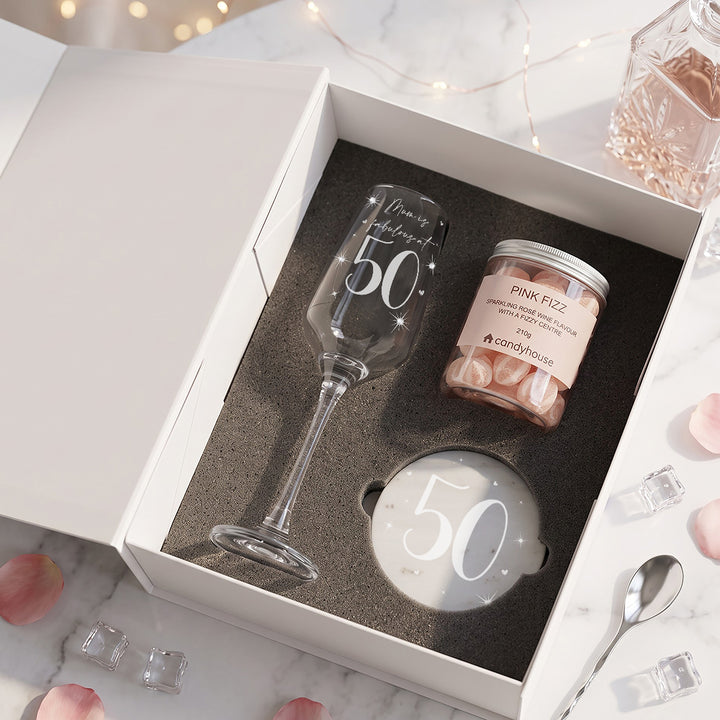 50th Birthday Pink Fizz Diamante Embellished Champage flute Gift Boxed Set