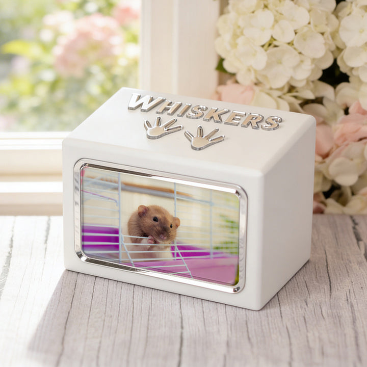 White Wooden Mirror Paw Prints and Photo Pet Ashes Casket