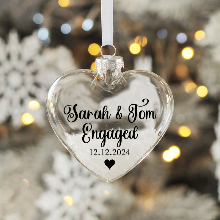 Heart Engagement Christmas Snow filled Glass Bauble