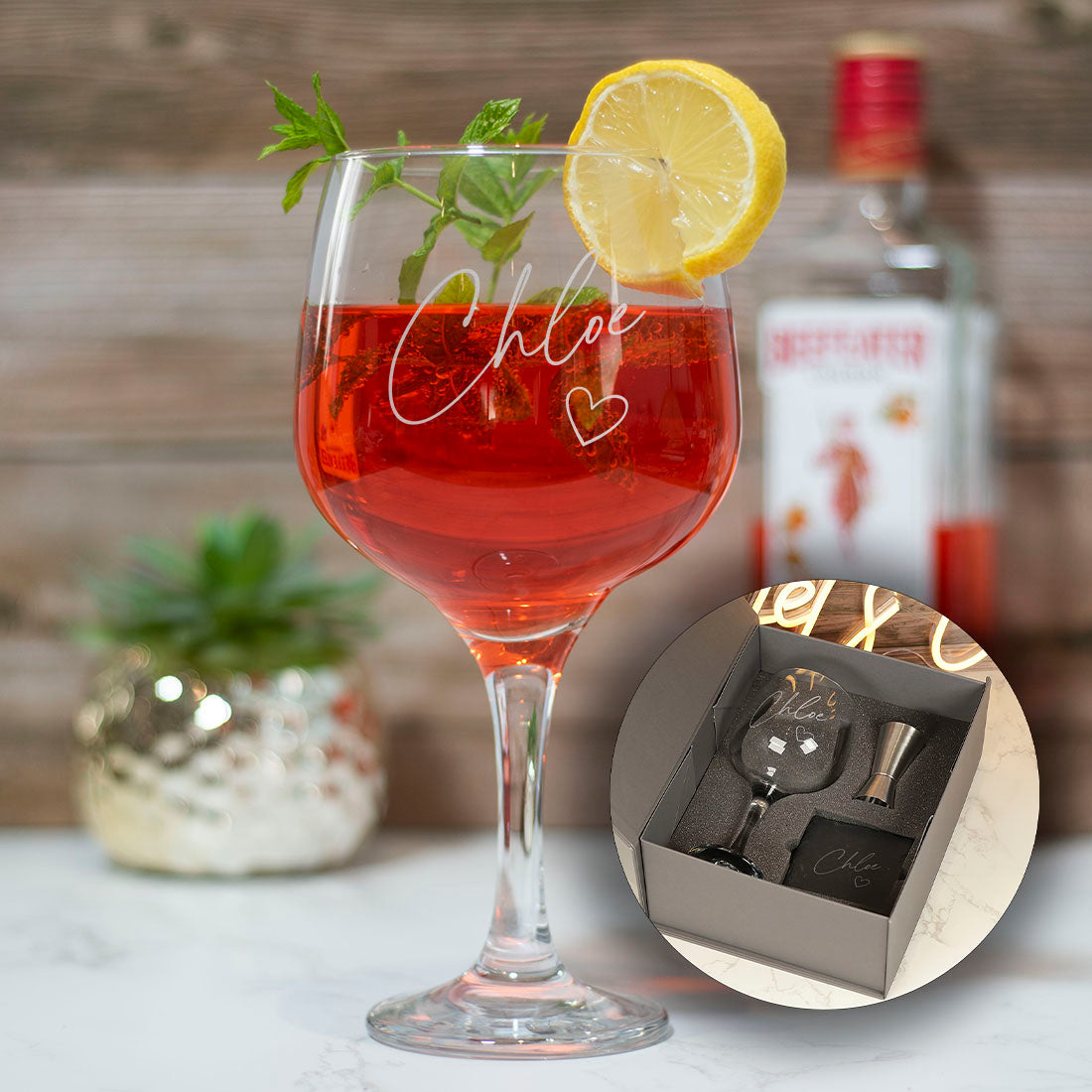 Script Name and Love Heart Large Balloon Gin Glass-Love Lumi Ltd