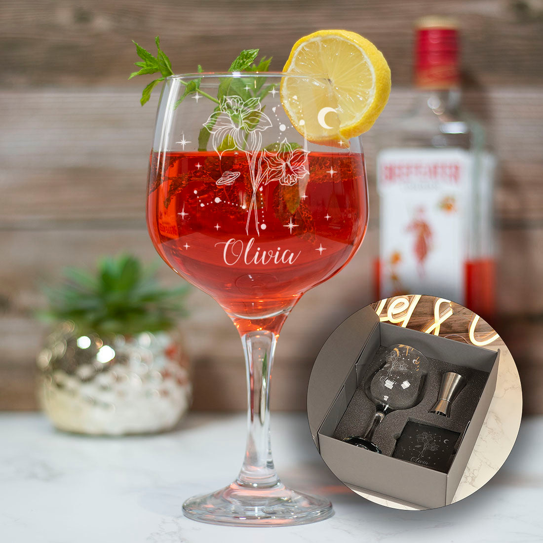 Personalised Birthday Flower and Zodiac Star Sign Balloon Gin Glass-Love Lumi Ltd