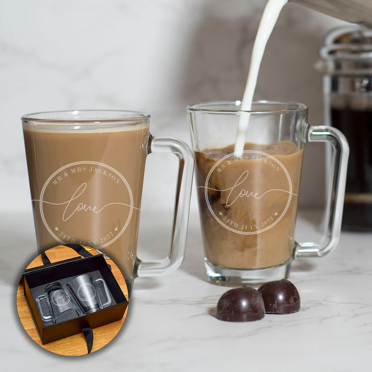 Personalised Pair of Circle Love Frame Glass Hot Drink Mugs-Love Lumi Ltd