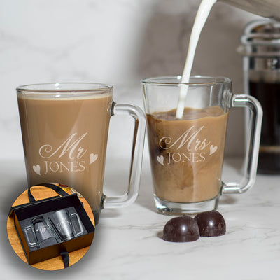 Personalised Pair of Mr & Mrs Love Heart Glass Hot Drink Mugs