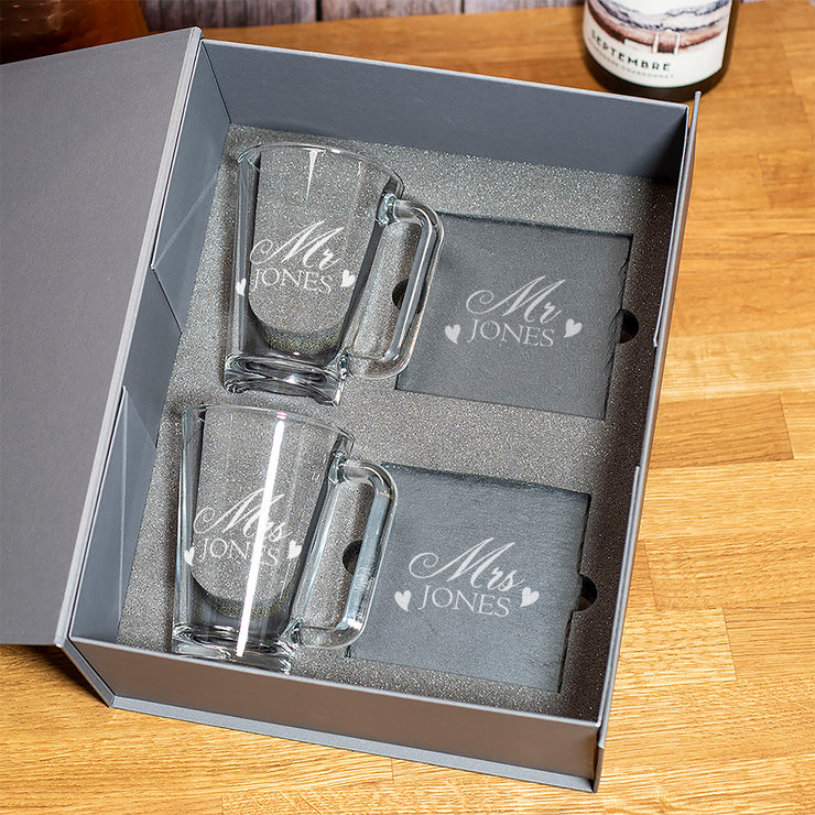 Personalised Pair of Mr & Mrs Love Heart Glass Hot Drink Mugs-Love Lumi Ltd