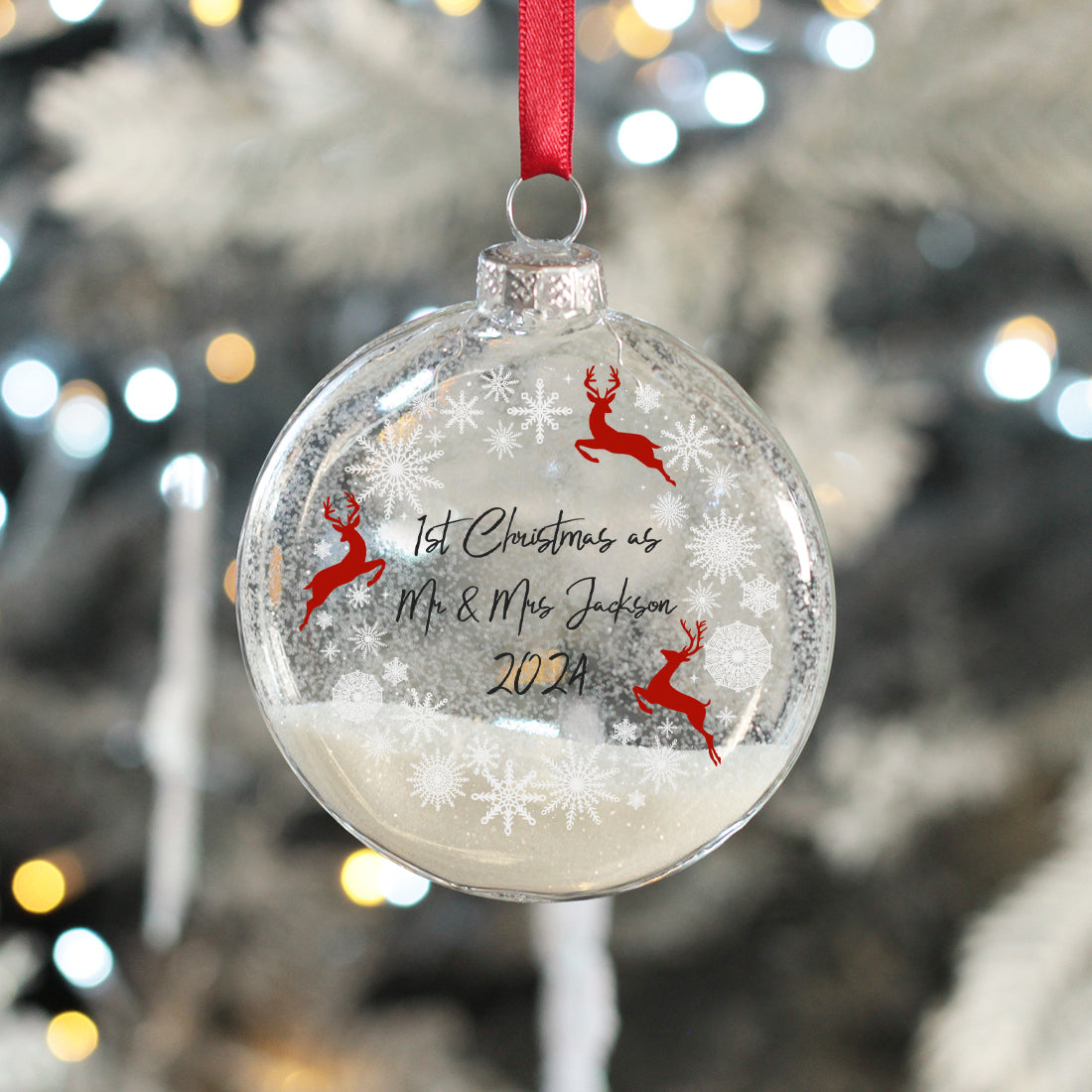 Reindeer Wreath 1st Christmas Married Glitter Glass Christmas Bauble-Love Lumi Ltd