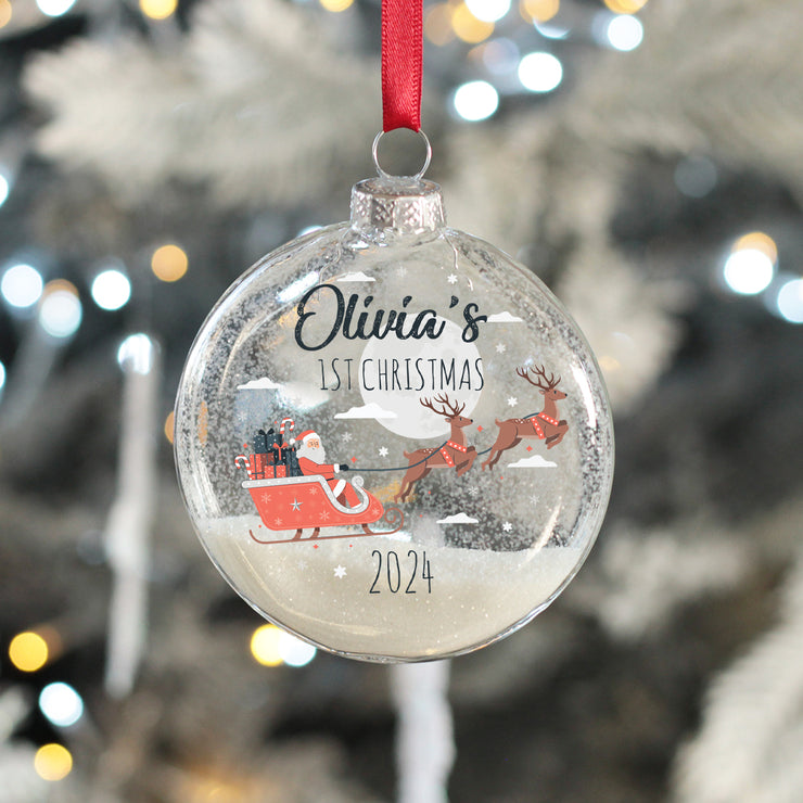 Santa's Flight Baby's 1st Christmas Glitter Glass Bauble