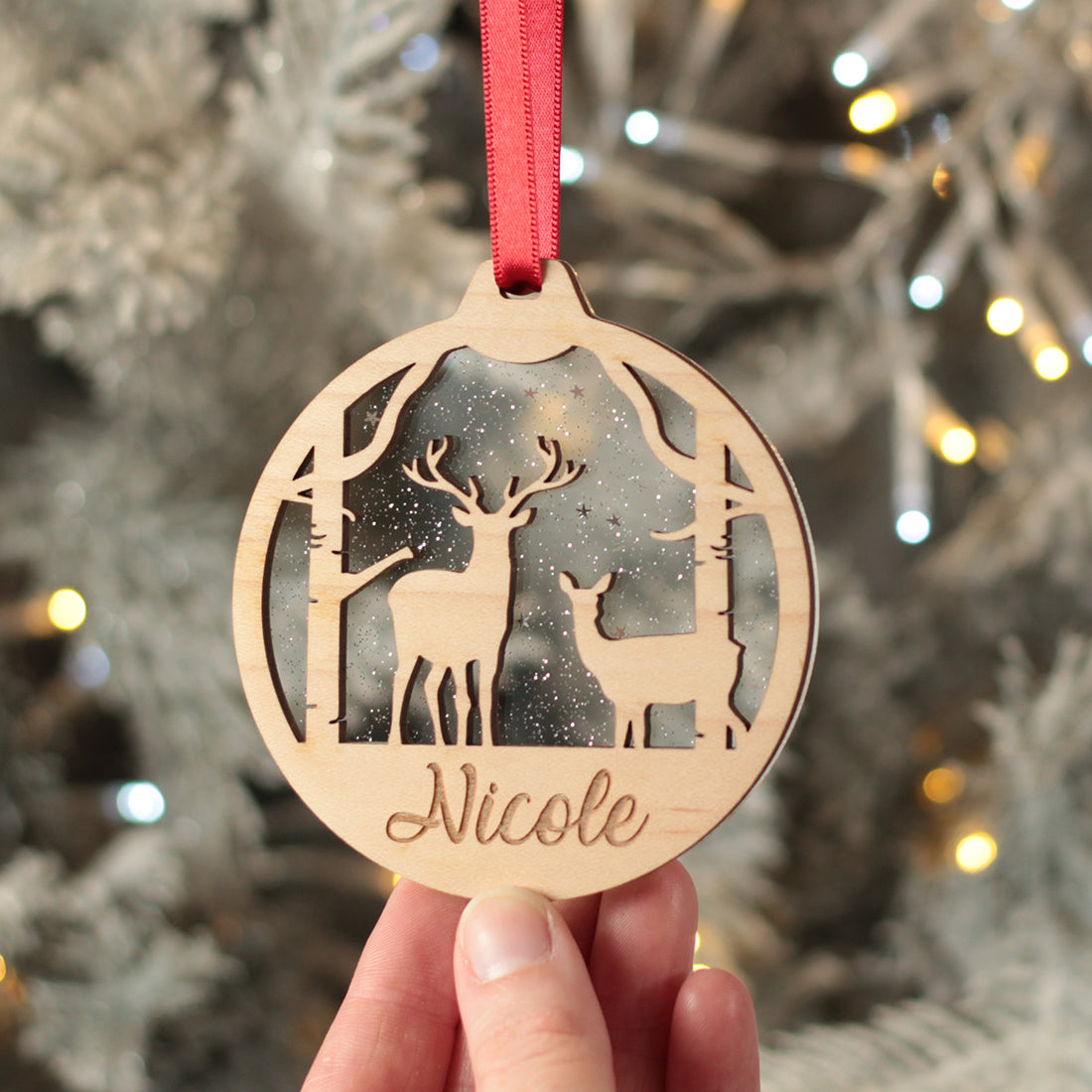 Deer Silhouette 3D Wood and Glitter Acrylic Christmas Tree Decoration Bauble-Love Lumi Ltd