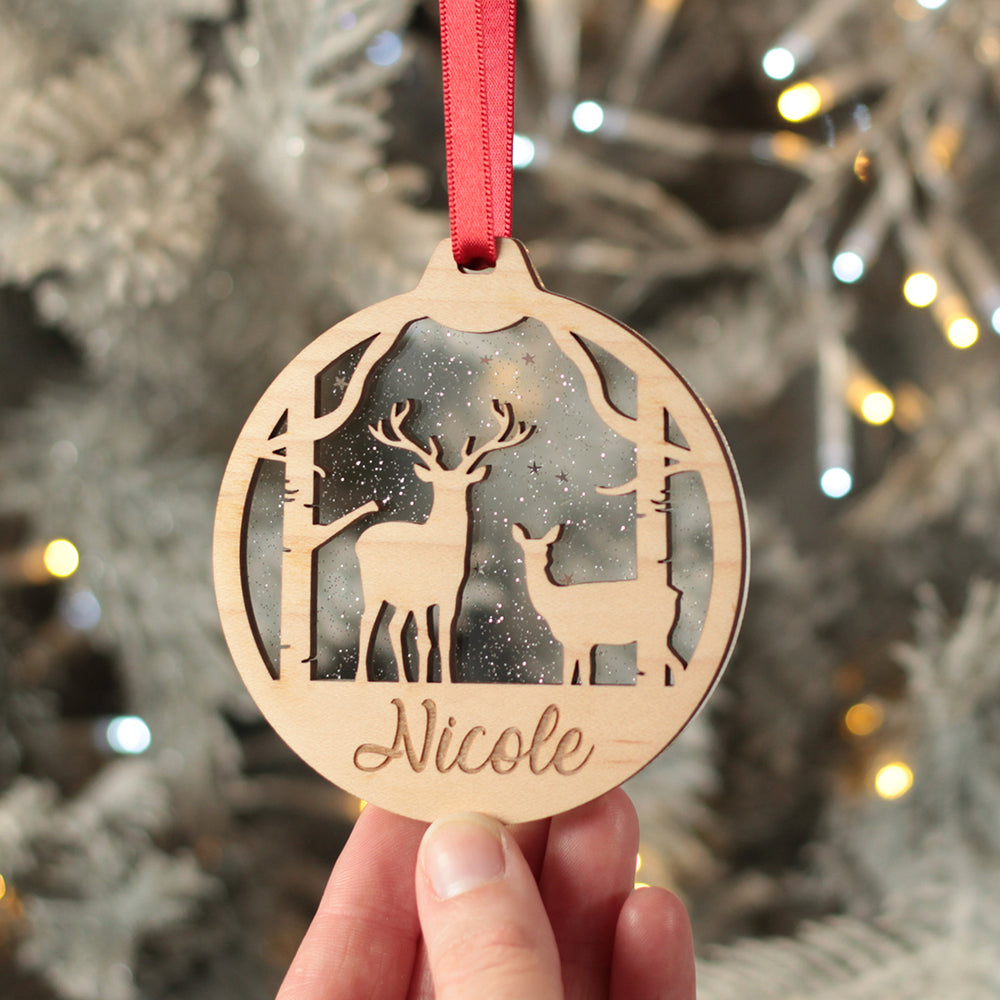 Deer Silhouette 3D Wood and Glitter Acrylic Christmas Tree Decoration Bauble-Love Lumi Ltd