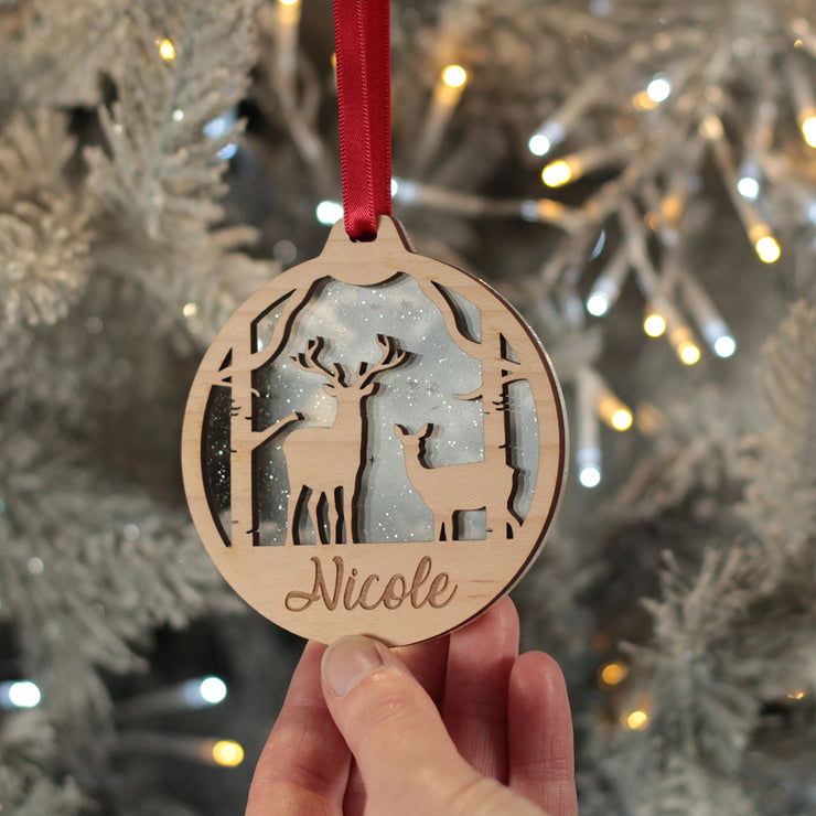 Deer Silhouette 3D Wood and Glitter Acrylic Christmas Tree Decoration Bauble