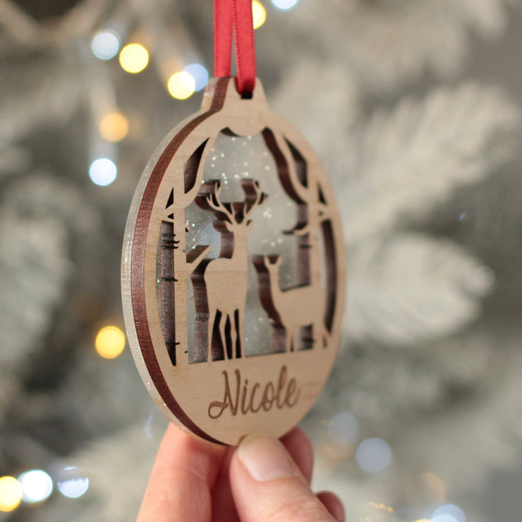 Deer Silhouette 3D Wood and Glitter Acrylic Christmas Tree Decoration Bauble