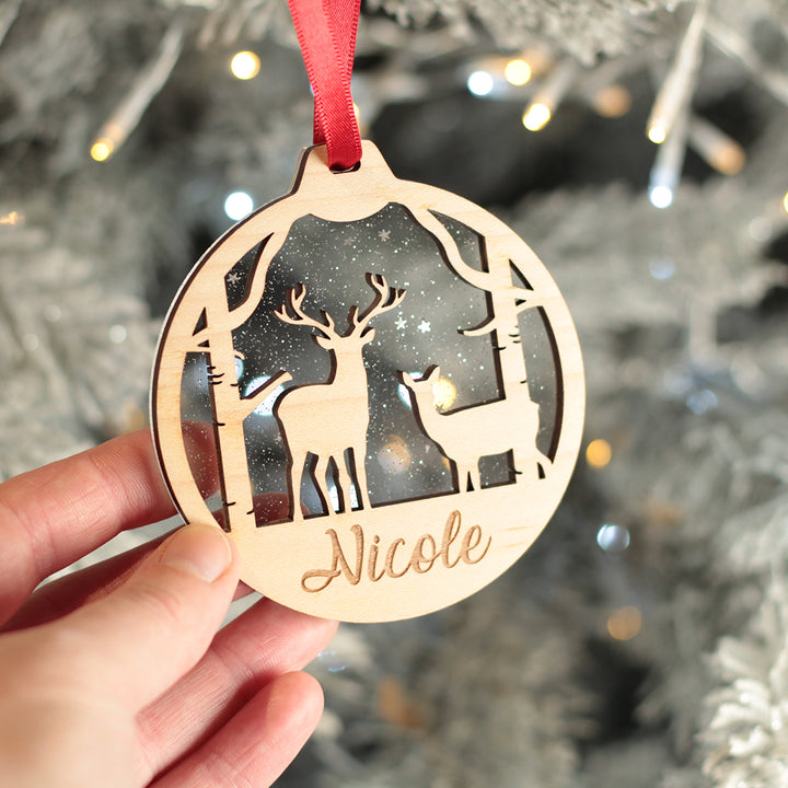 Deer Silhouette 3D Wood and Glitter Acrylic Christmas Tree Decoration Bauble-Love Lumi Ltd