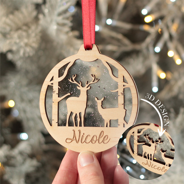 Deer Silhouette 3D Wood and Glitter Acrylic Christmas Tree Decoration Bauble-Love Lumi Ltd