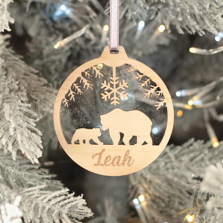 Polar Bear 3D Wood and Glitter Acrylic Christmas Tree Decoration Bauble