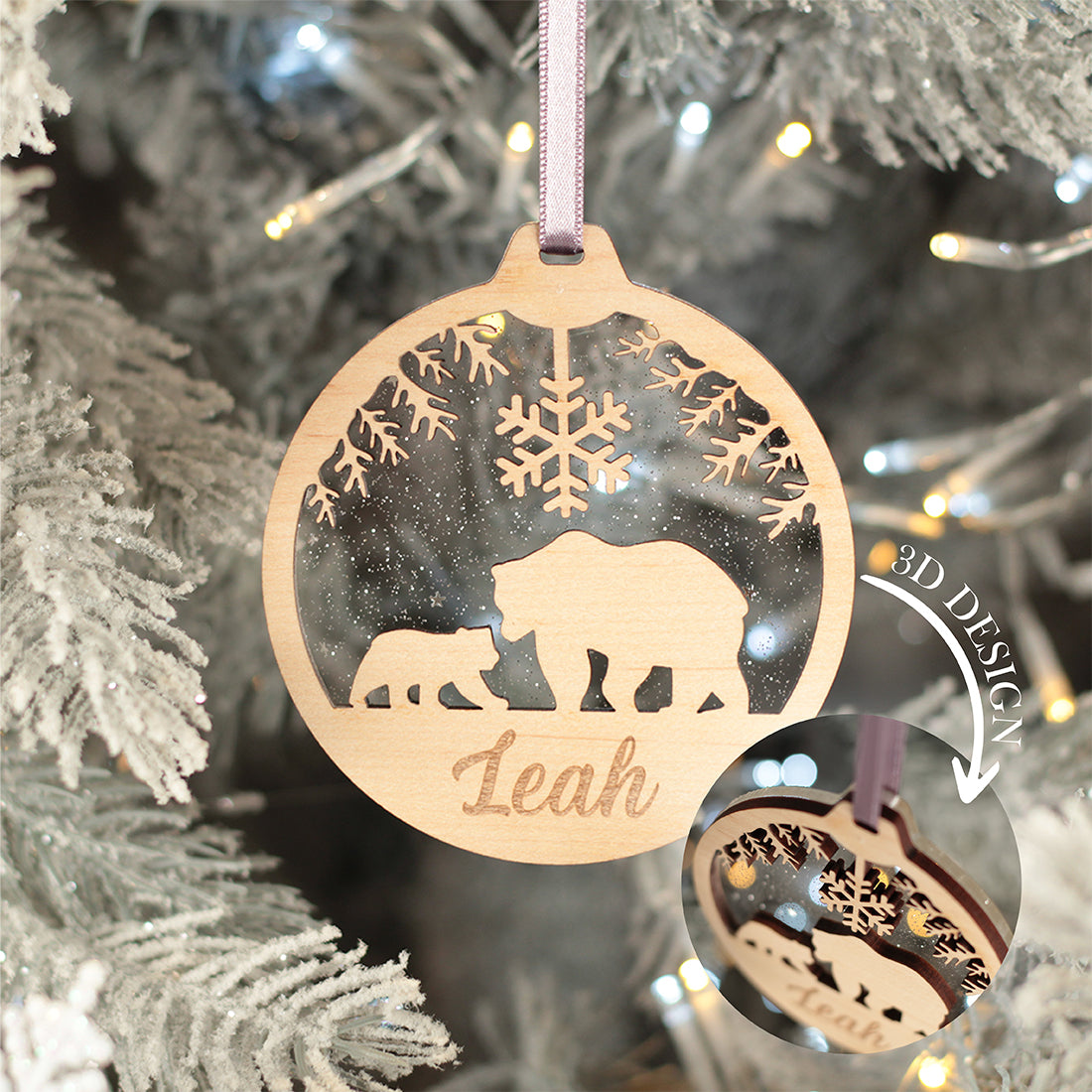Polar Bear 3D Wood and Glitter Acrylic Christmas Tree Decoration Bauble-Love Lumi Ltd