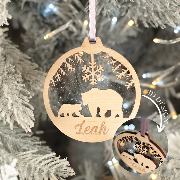 Polar Bear 3D Wood and Glitter Acrylic Christmas Tree Decoration Bauble-Love Lumi Ltd