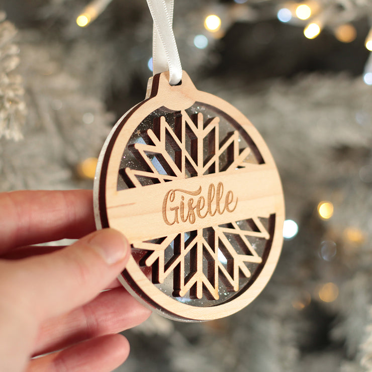 Snowflake 3D Wood and Glitter Acrylic Christmas Tree Decoration Bauble