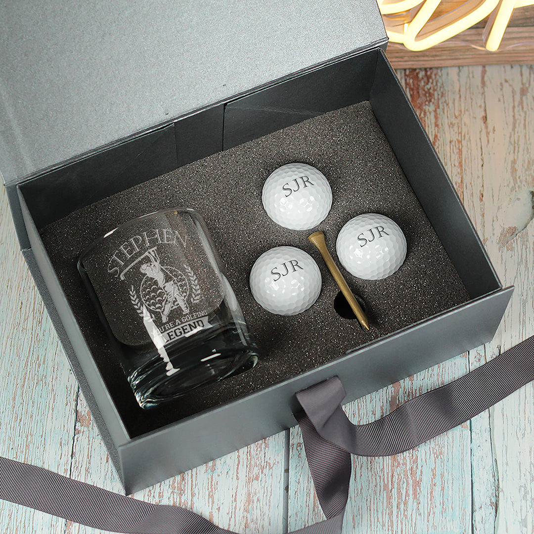 Golfing Legend Whiskey Glass Tumbler and Golf Balls