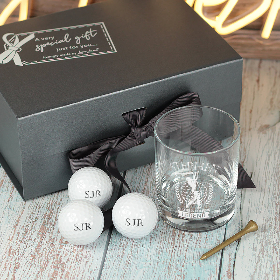 Golfing Legend Whiskey Glass Tumbler and Golf Balls