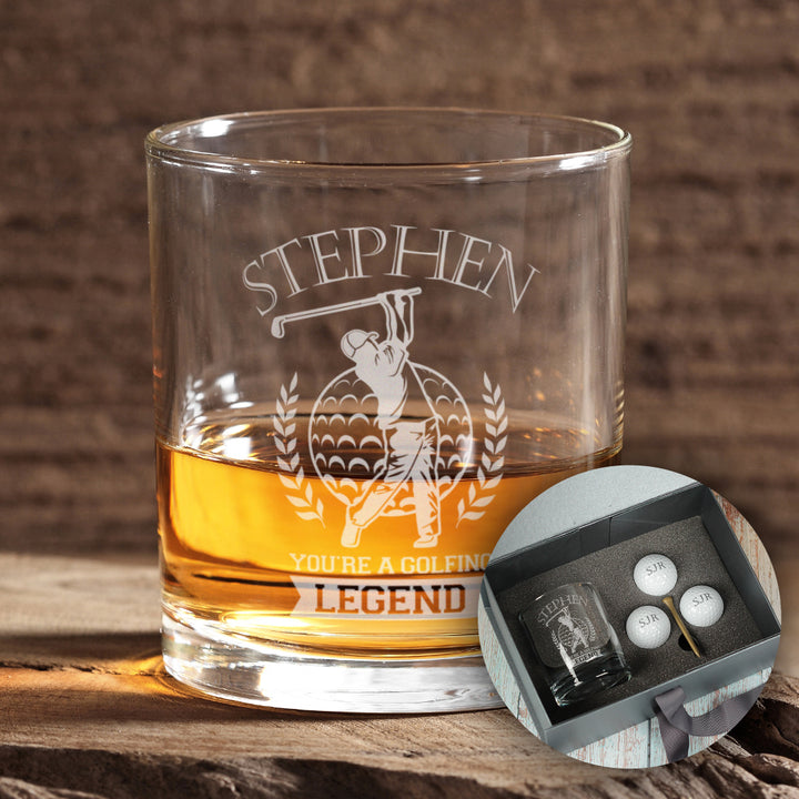 Golfing Legend Whiskey Glass Tumbler and Golf Balls
