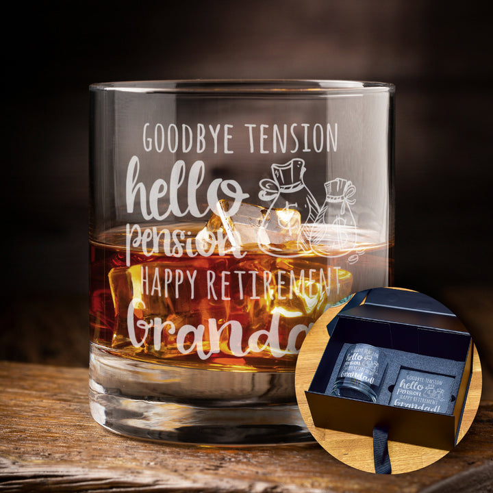 Goodbye Tension Hello Pension Retirement Whiskey Glass Tumbler