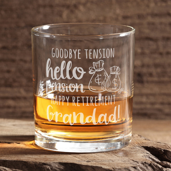 Goodbye Tension Hello Pension Retirement Whiskey Glass Tumbler