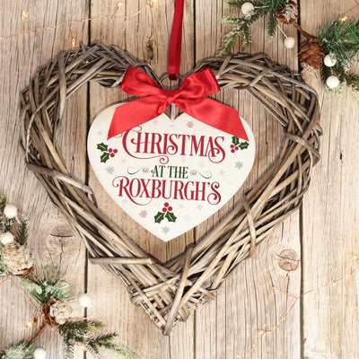 Wicker Hanging Heart Holly Family Christmas Wreath Decoration