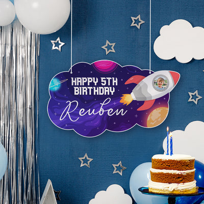 Space Rocket Photo Birthday Party Hanging Acrylic Sign