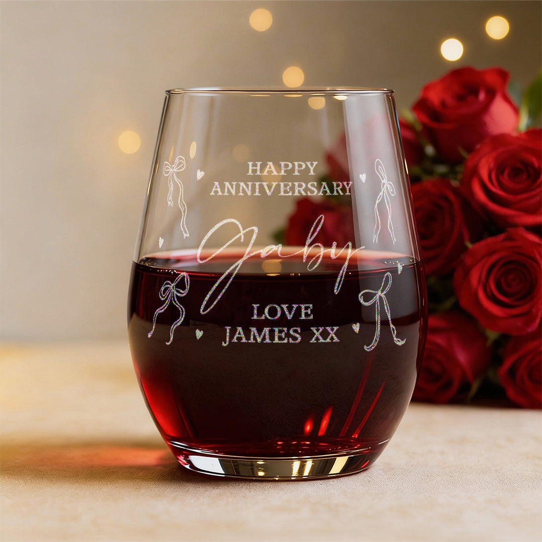 Happy Wedding Anniversary Bows and Hearts Stemless Glass
