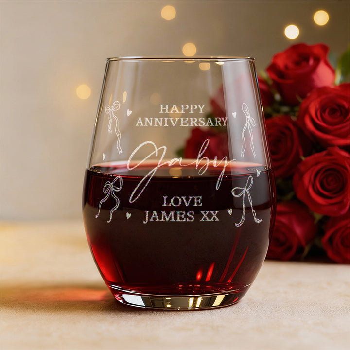 Happy Wedding Anniversary Bows and Hearts Stemless Glass